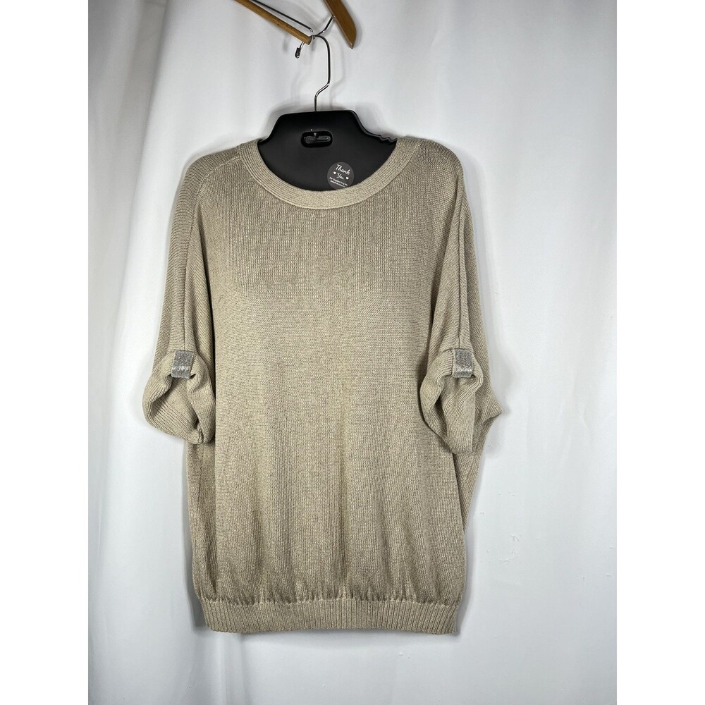 Chico's Sweater Womens L 2 Beige Rhinestone Crew Neck 3/4 Roll Tab Sleeve Knit